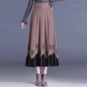 Skirts FairyShely Black Pleated Knitted Skirt Women 2023 Autumn Winter Warm High Waist Long Ladies Retro Shiny Office FoldsSkirts