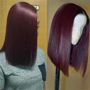 Synthetic Wigs Wig Female Wine Red Medium Split Long Straight Hair Lengthened Bobo Head Chemical Fiber Cover 230303