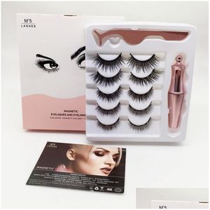 Magnetische falsche Wimpern mit flüssigem Eyeliner-Kit, verbessertes 5 Paar 3D-natürliches wiederverwendbares Pinzetten-Set 3-in-1-Augen-Make-up, kein Tropfen, Delive DHN7I