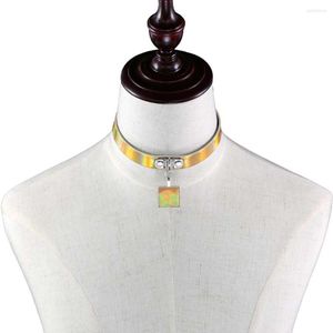 Girocollo Collana con ciondolo quadrato semplice gotico Collare luminoso in pelle PU con colletto clavicola Accessori per fascia da collo a catena