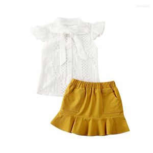 Set di abbigliamento CitgeeSummer Kids Baby Girl Pageant T-shirt in pizzo Top biancoTutu Gonna gialla Abiti da festa Set 2 pezzi