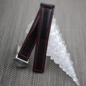 Titta på Band Carbon Fiber Watch Strap med rött sömt läderfoder i rostfritt stållås Watchband för TAG237G