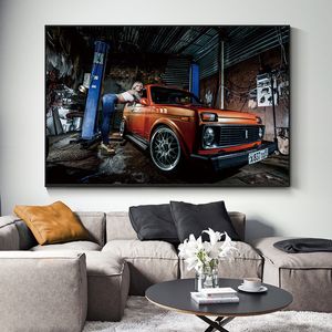 Car Girl Model Women Tattoo Car Canvas Painting Car Posters Cuadros Wall Art for Living Room Home Decor (No Frame)