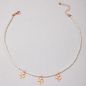 Chains Trendy Pearl Stone Clover Choker Chain Necklace For Women Gold Color Alloy Metal Tassel Party Jewelry Collar 23368