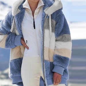Women's Fur & Faux Winter Women Jacket Warm Plush Casual Loose Hooded Coat Mixed Color Patchwork Outwear Zipper Ladies Parka Coa