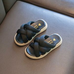 Slipper Girls Cross Belt Simple Cute Children Fashion Summer New Korean All-match 2022 Kids Slippers Pure Black Comfortable Beach Sandal T230302