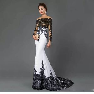 Weiße schwarze Meerjungfrau Abendkleider mit Illusion Langarm afrikanischer formaler Abendkleider für Mutter Runway Mode
