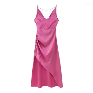 Casual Dresses Womens V-Neck Spaghetti Strap Backless Sleeveless Rose Red A-line Long Satin Dress