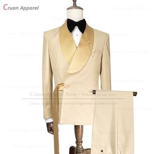 Men's Suits Blazers Fashion Champagne Suits for Men 2 Pieces Slim Fit Blazer Pants Set Tailor-made Luxury Gold Prom Wedding Tuxeods Groom Jacket 230303