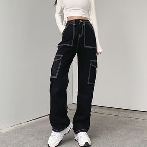 Women's Jeans Biyaby Harajuku Pockets Patchwork Baggy Jeans Women Autumn Black Wide Leg Denim Trousers Woman Streetwear Loose Cargo Pants 230303