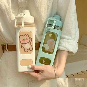 Water Bottles 700/900Ml Kawaii Bear Bottle Bpa With St For Children Adts Plastic Cute School Drinking Juice Tea Cups 210914 Drop Del Dhcja