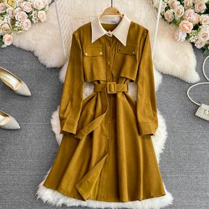 2023 Casual Dresses Vestidos de Mujer Elegant avvandla krage Kontrast Färg Robe Femme Single-Breasted spets upp smala midjeklänningar