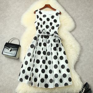 Summer Short Sleeve Round Neck Dress White / Black Retro Polka Dot Belted Mid-Calf Elegant Casual Dresses 22A193060