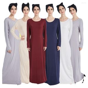 Etnik Giyim Müslüman Kadınlar Temel İçinde Uzun Elbise Yumuşak Elastik Sle Sleep Yuvarlak Boyun Artı Boy Boy Boy Coble Femme Abayas Maxi Elbiseler