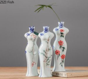 Vases European Style Hand Painted Lotus Cheongsam Ceramic Living Room Flower Decoration Porcelain Small Dining Table Decor9668791
