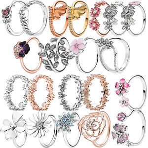 925 Silverkvinnor Fit Pandora Ring Original Heart Crown Fashion Rings Rose Gold Peach Blossom Ginkgo Clear Zircon CZ
