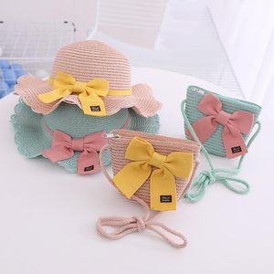 Hüte Kappen Süße Mädchen Stroh Hut Sollte Tasche Handtasche 2Pcs Sets Für Tour Sommer Kind Prinzessin Bogen Strand anti-UV Sonne Eltern-Kind