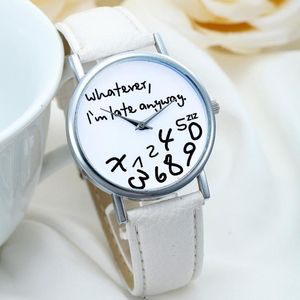 Armbanduhren Retro-Uhr Damenmode Genf Was auch immer Pu-Leder Ich bin spät dran Lustige Armbanduhr Mädchen Geschenk Quarz