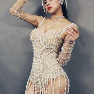 Scene Wear Club Sparkly Rhinestones Pearls Bodysuit Dance Costume Nightclub Celebrate Party One-Piece Sexy Leotard