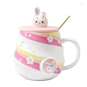 Mugs 450ML Ceramic Coffee Cups Cute Mug With Lid Gold Spoon Novelty Morning Milk Anime Tea Gift