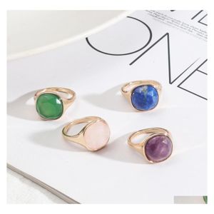 Cluster Rings Fashion Round Pink Rose Quartz Purple Green Healing Crystal Natural Stone Ring Geometric Gold Plated White Blue For Wo Dhxu3