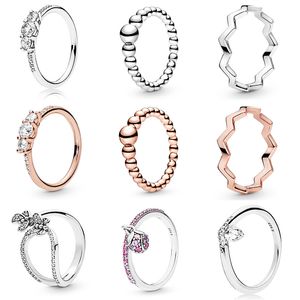 925 Srebrne kobiety dopasowane Pandora Pierścień Oryginalne serce Crown Pierścienie moda Rose Gold Clear Threestone Crystal Finger