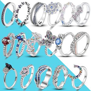 925 Srebrne kobiety Pierścień Oryginalne Crown Crown Rings Blask CZ Infinite Butterfly Ladybug Flower Cat