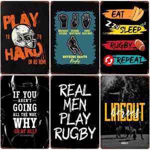 Real Men Play Rugby Vintage Metal Painting Plaque American Football Metal Tin Sign Bar Club Cafe Home Room Wall Decor Lineman Art Poster 30X20cm W03