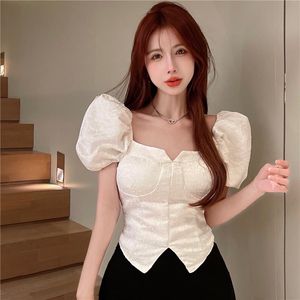 Bloups feminina camisas Jacquard Puff Sleeves Square Collar Classin Top Designer Shirt Women Summer Off Moda de rua sexy Sexy White