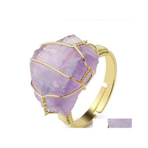 Pierścienie klastra Natural Stone Inregar Drut Wrap Kobiety Uzdrawianie Purple Druzy Crystal Fluoryt Goldcolor Zmysłowy rozmiar Pierścień Faszy Dr Dhqxj