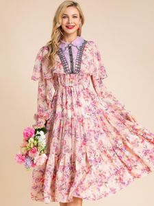 Sıradan elbiseler linda della moda pisti yaz midi elbise kadınlar dönüş yakalı fırfırlar fener kolu çiçek baskısı tatil partisi dressca