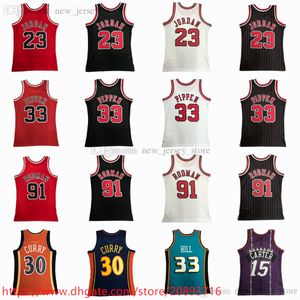 Printed 1997-98 Mitchell and Ness Basketball Jersey Retro Print 33 Scottie 91 Dennis Pippen Rodman Jerseys 30 Stephen 2009-10 Curry Blue Orange Red Black White