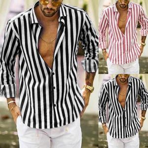 Camisas casuais masculinas pretas com ajuste solto top masculino fashion listrado longo manga com botão vertical vestido para baixo macacão