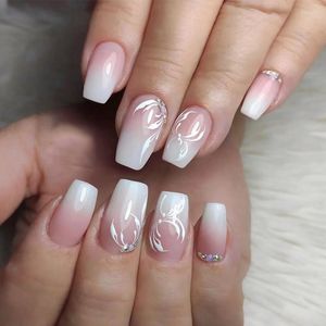 False Nails 24Pcs Short Ballet Fake Press On With Rhinestone Sweet Gradient Pink Removable Manicure Acrylic Nail Tip