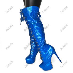 Sukeia New Fashion Women Winter Knee Boots 플랫폼 플랫폼 얇은 하이힐 둥근 발가락 화려한 파란색 복장 신발 숙녀 미국 크기 5-20