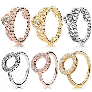 925 Silver Women Fit Pandora Ring Original Heart Crown Fashion Rings Rose Gold Shine Princess Tiara Royal Crown Hearts of Halo