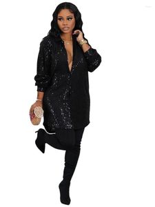 Casual Dresses Women Sexy Sequins Shirt Dress 2023 Autumn Black Turn Down Collar Long Sleeve Mini Female Loose Party Evening Vestidos