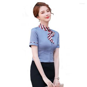 Camicette da donna Camicia di design con fiocco blu grigio Donna 2023 Summer Fashion Temperament Slim Formal Short Sleeve Office Ladies Work Tops