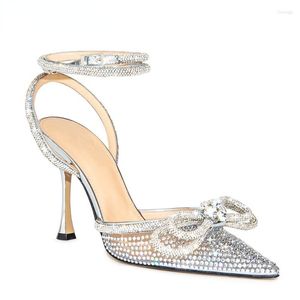 Dress Shoes Bling Rhinestones Double Bowknot Women Pumps Sexy Ankle Strap Thin High Heels Mules Summer Wedding Bridal