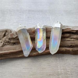 Pendant Necklaces FUWO Angle Aura Clear Quartz Point Silver Cap White Crystal Pillar Necklace Accessorie For Jewelry Making PD366 5Pcs/Lot