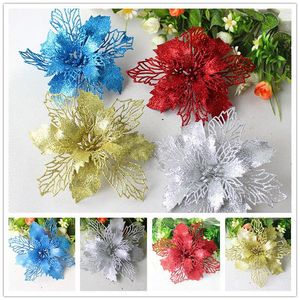 Decorações de Natal 10pcs/pacote com brilho de flores artificiais Ornamentos de árvore para gadgets de presentes em casa