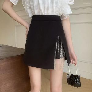 Skirts Elegant All-match Black Shorts Skirt Women 2023 Summer Rhinestone Tassel Splice Slim High Waist Lady Sexy Mini Jupe Femme