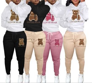 Kadınların eşofmanları iki parçalı set tasarımcı peluş kalınlaştırılmış kapüşonlu ayı desen kazak pantolonları rahat spor sweatshirt pantolon spor salonu kıyafetleri mujer