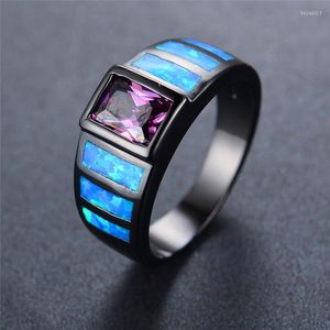 Eheringe Eleganter weiblicher blauer Feueropal Ring Mode 14KT Schwarzgold für Frauen Versprechen Lila Quadrat Verlobung