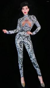 Stage Wear Sexy Tuta con frange di strass Donna Stretch Tuta a forcella alta a manica singola Gogo Dancer Costume Pole Dance Outfit