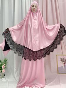 Etniska kläder Muslim Pray Abaya Set 2 delar Kvinnor Böneplagg Långt Khimar Ramadan Gudstjänstrock Spets Big Swing Maxikjolar Kaftan