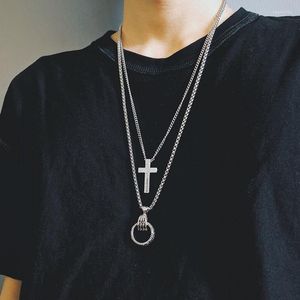 Pendant Necklaces European And American Hip Hop Fashion Brand Personality Sweater Chain Skull Hand Ring Cross Necklace Couple