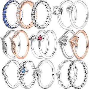 925 Gümüş Kadın Fit Pandora Yüzüğü Orijinal Kalp Taç Moda Yüzükleri Köpüklü Varlık Kamışı Ayı Eğik Kalp Taç Çiçeği Clear Zircon CZ