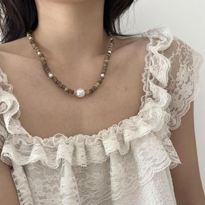 Chains Korean Style Brown Stone Beaded Wooden Freshwater Pearl Necklace Women's High-Grade Fashion French Retro Collarbone Items