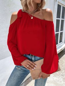 Women's Blouses Sexy Off Shoulder Bow Diagonal Collar Chiffon Shirts Women 2023 Spring Lantern Sleeve Solid Color Blouse Tops Woman Clothes